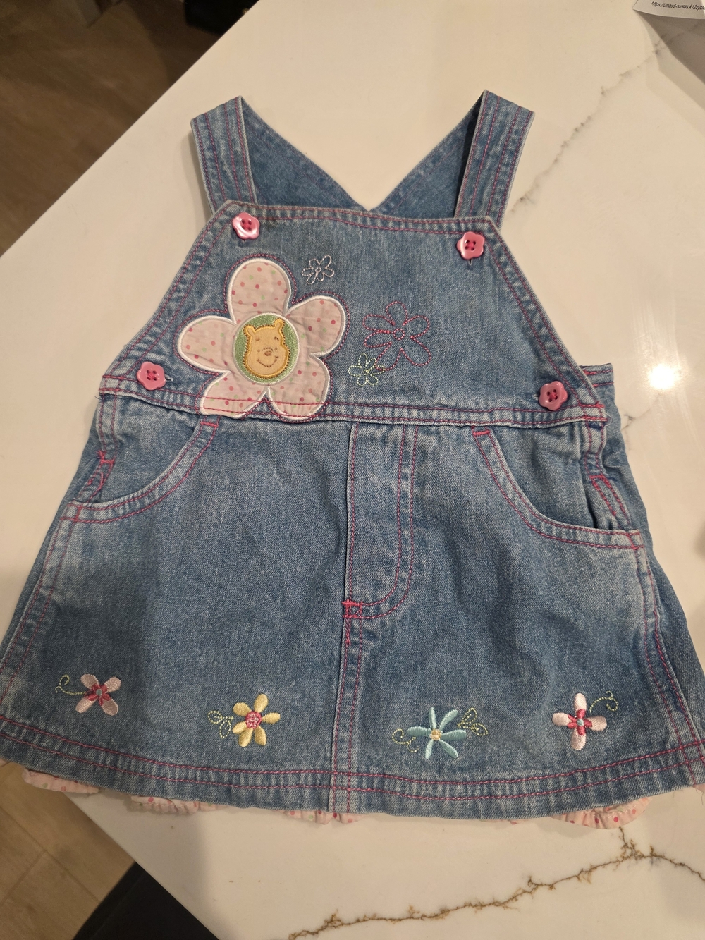 Vintage Winnie The Pooh Denim Floral Embroidered Overall Dress